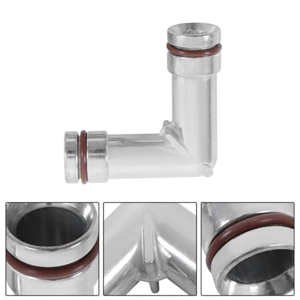 Aluminum heater hose elbow fitting with side outlets, silver finish and brown seal ring