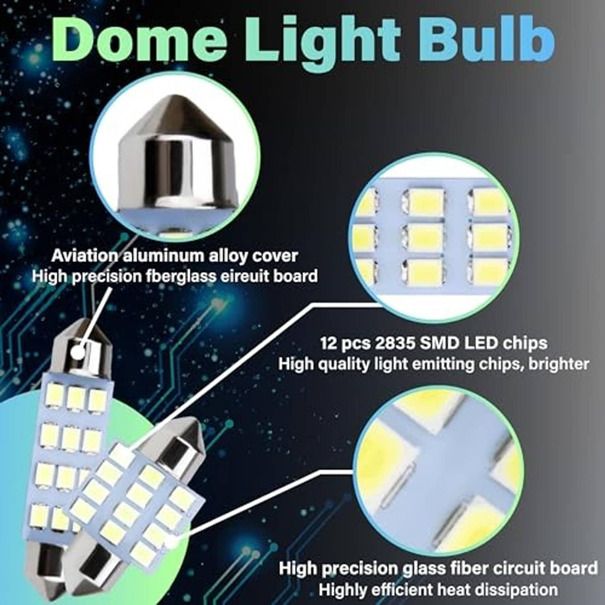 Dome light LED bulb with chrome cap, blue base, and 12 SMD LED chips
