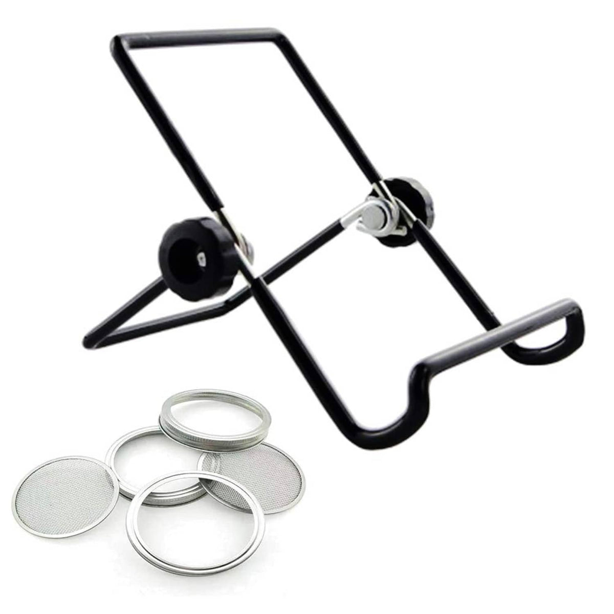 Black stand holder with stainless steel sprouting jar mesh lids and rings