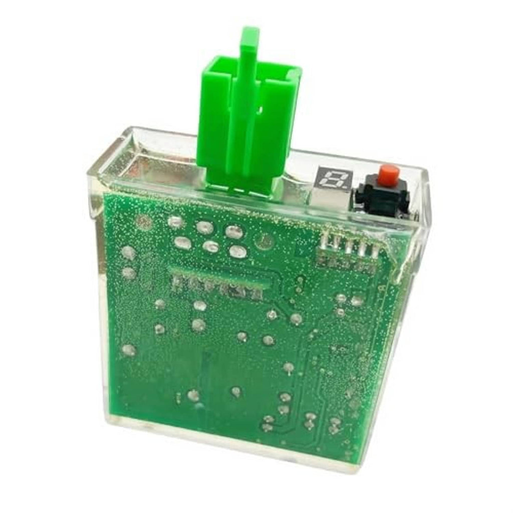 5-pin CDI box ignition control unit rear view with green connector and visible electronics on PCB