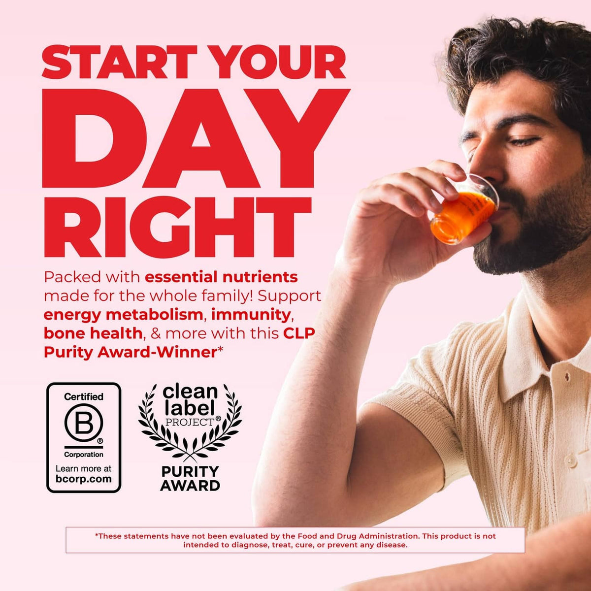 MARYRUTH'S liquid multivitamin bottle as a man drinks orange juice