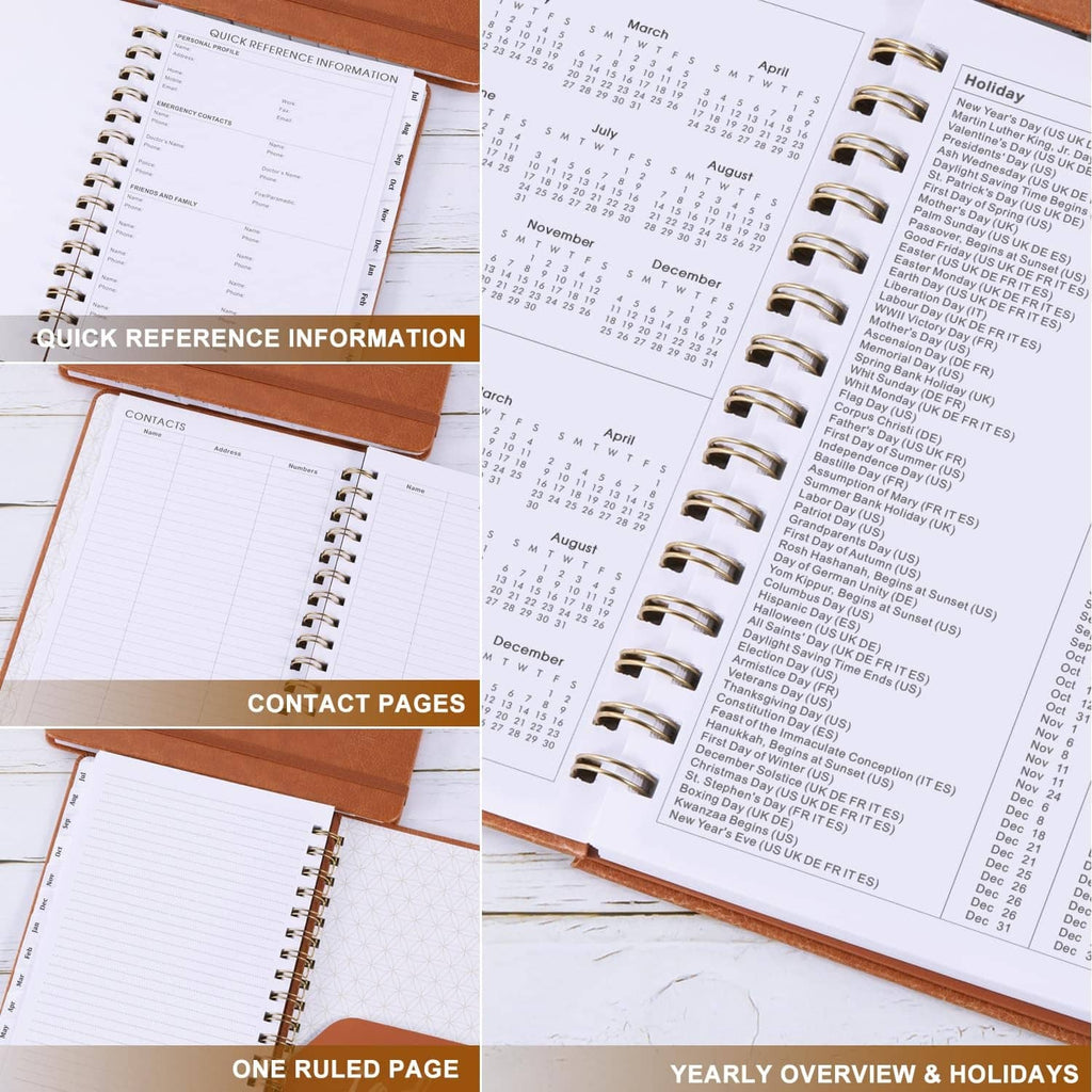 Planner pages with reference information, contact pages, and ruled daily sheets.