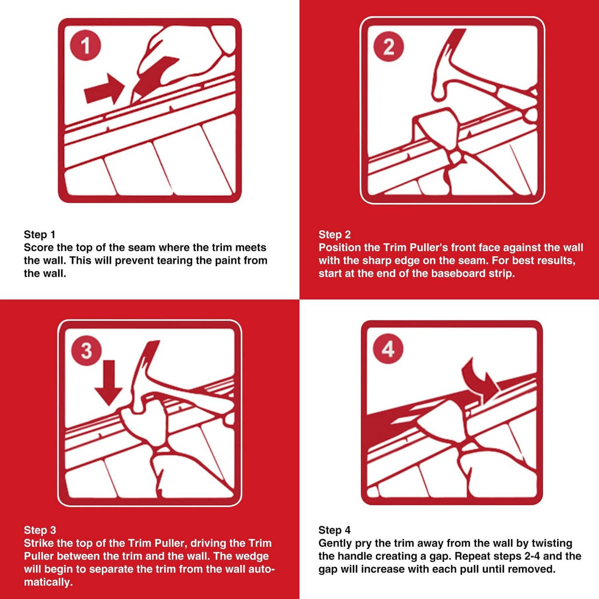 Trim puller use instruction diagram showing step-by-step prying steps