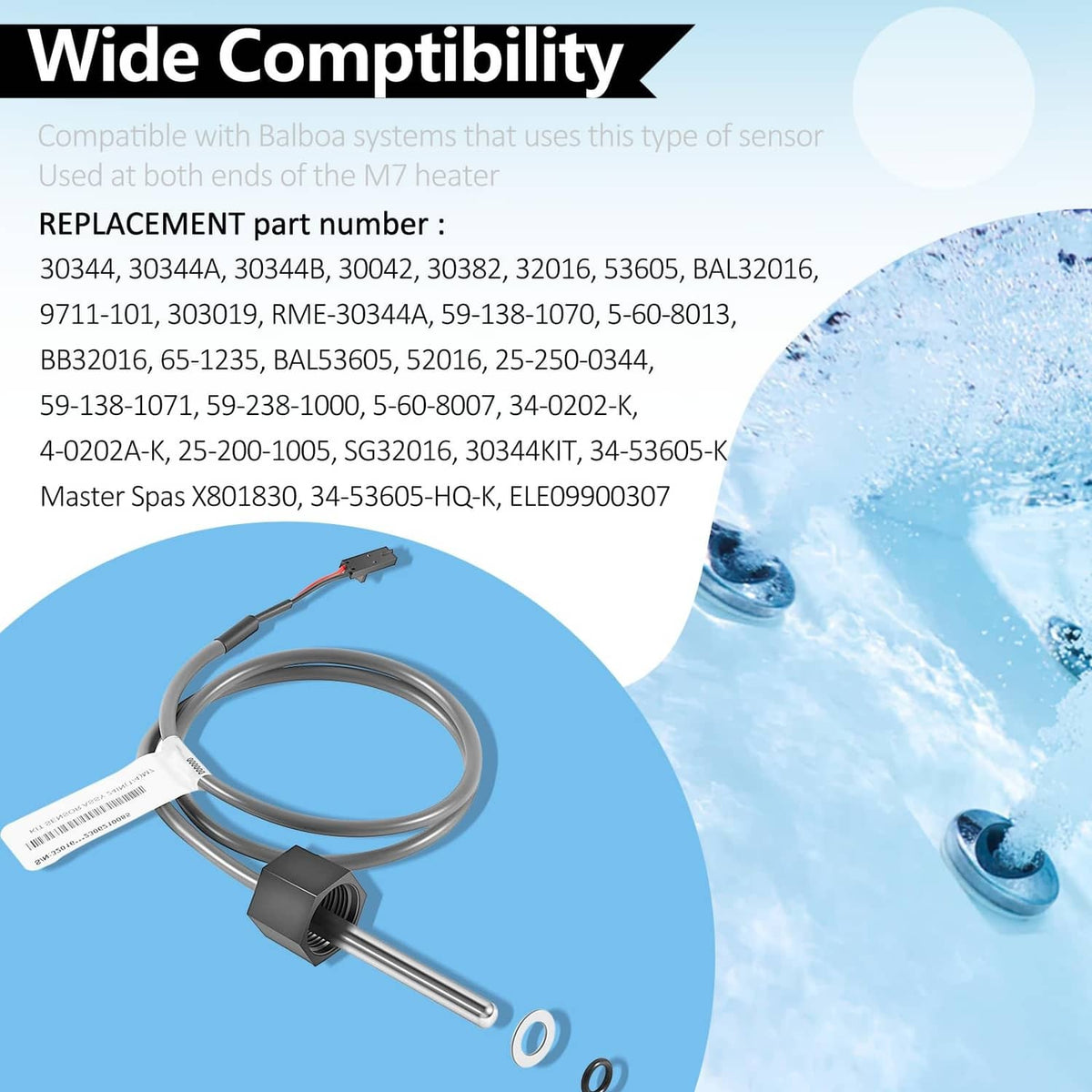 Sensor probe with cable, mount cap, and O-ring washers for replacement fit