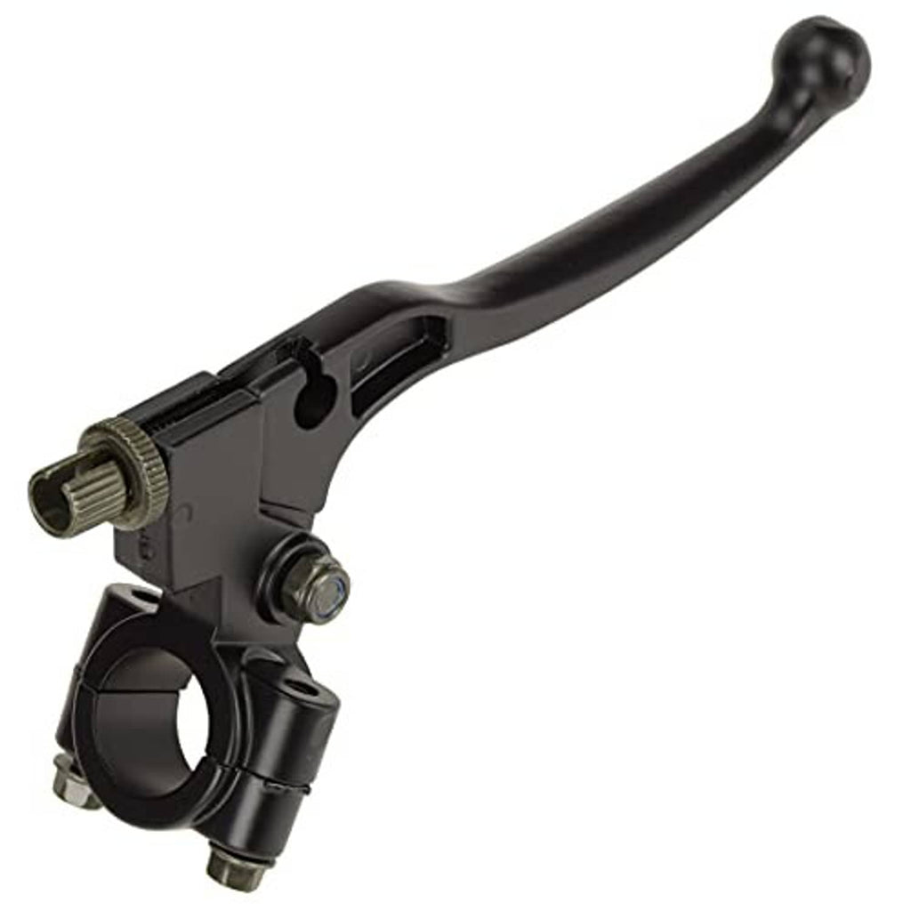 Close-up of black left brake/clutch lever and handle pivot with adjustment gear