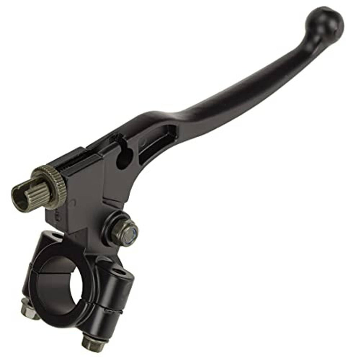 Close-up of black left brake/clutch lever and handle pivot with adjustment gear