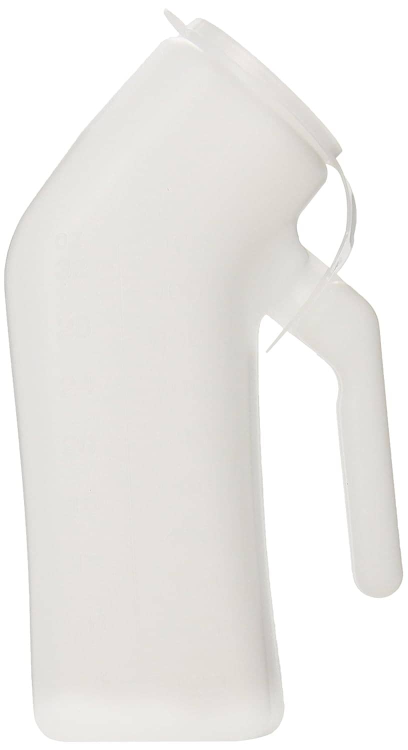 Male urinal bottle with lid, white plastic, curved spout and pull handle