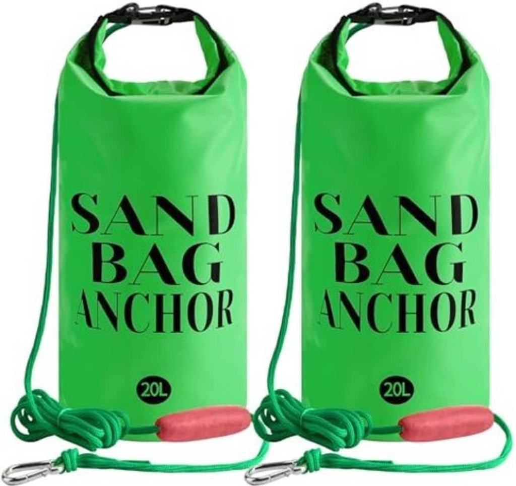 Green sand bag anchor bags with black top handles, green rope, and red floats (pair)