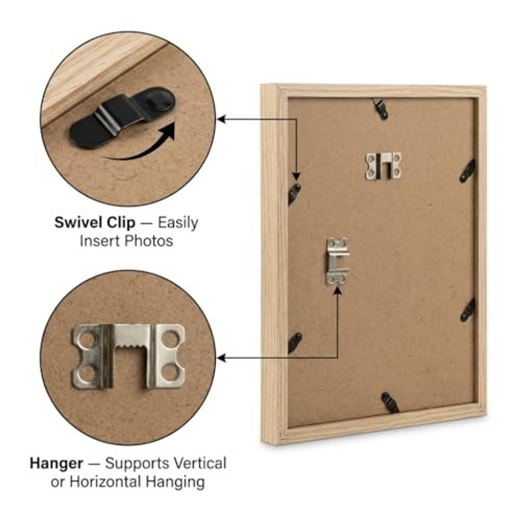 Oak picture frame back with swivel clips for photos and wall-hanging hardware.