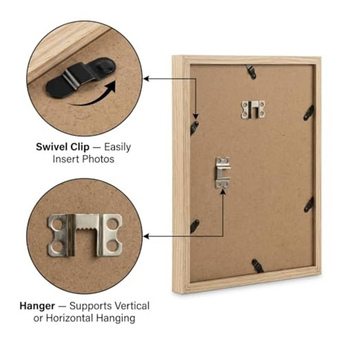 Oak picture frame back with swivel clips for photos and wall-hanging hardware.