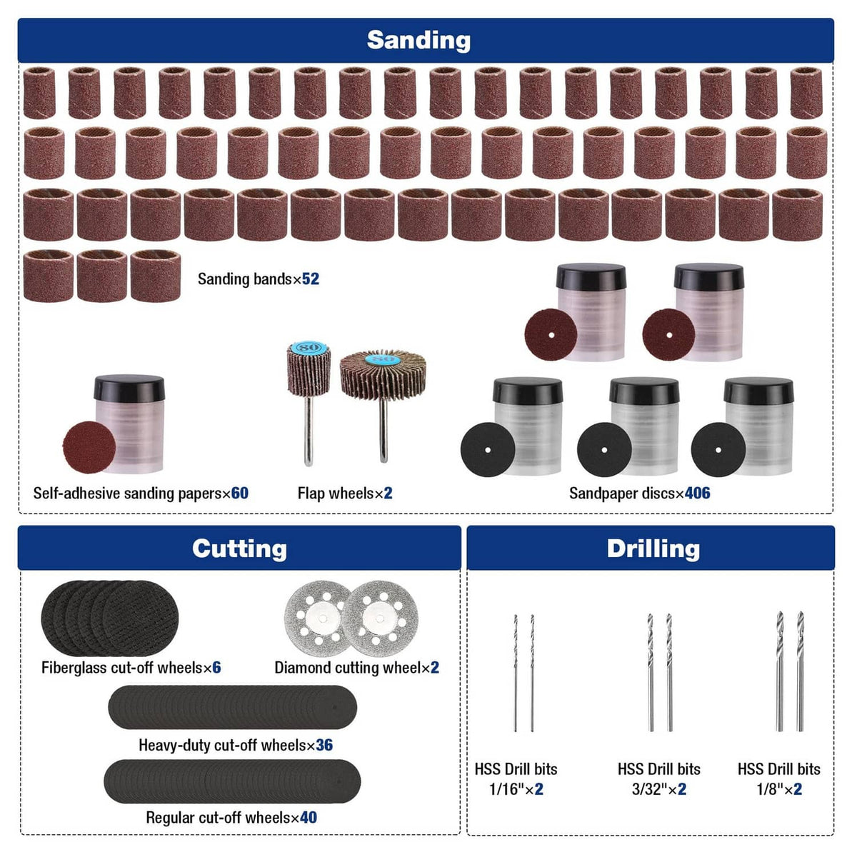 Sanding, cutting, and drilling accessory assortments with abrasive drums and bits
