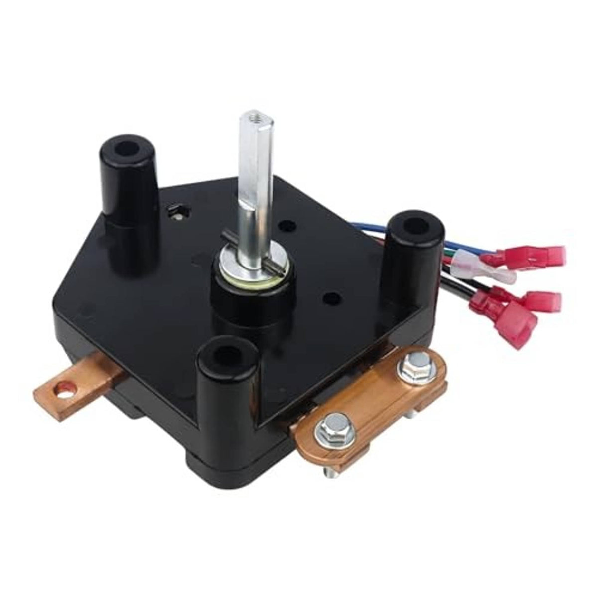 Forward/reverse switch assembly with black F-N-R lever, terminal pin, and red wire leads