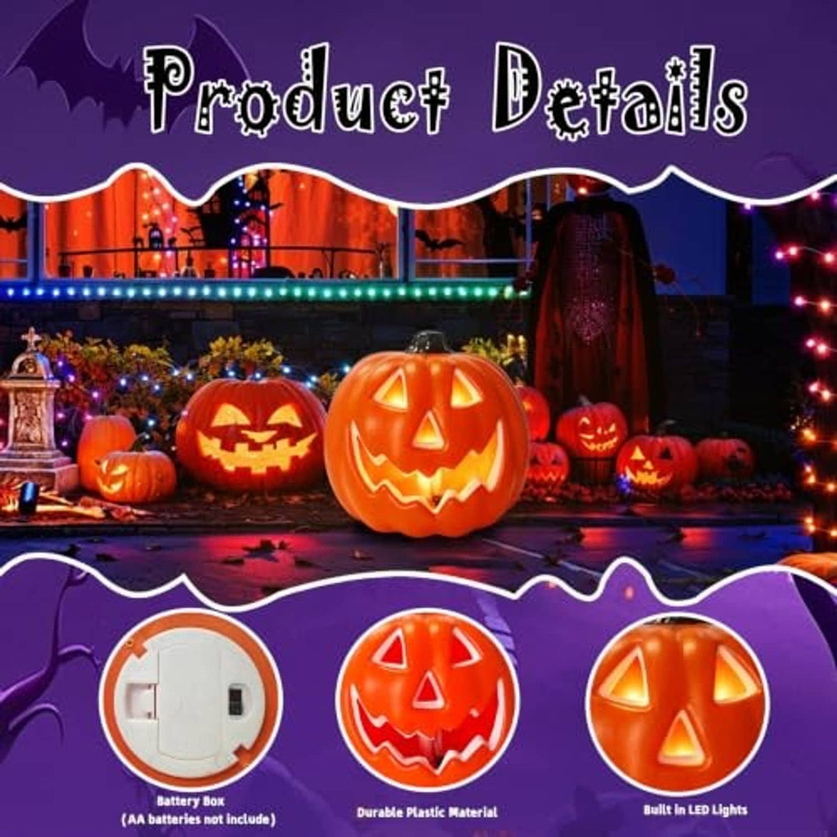 Orange LED jack-o-lantern pumpkin with built-in lights and battery pack