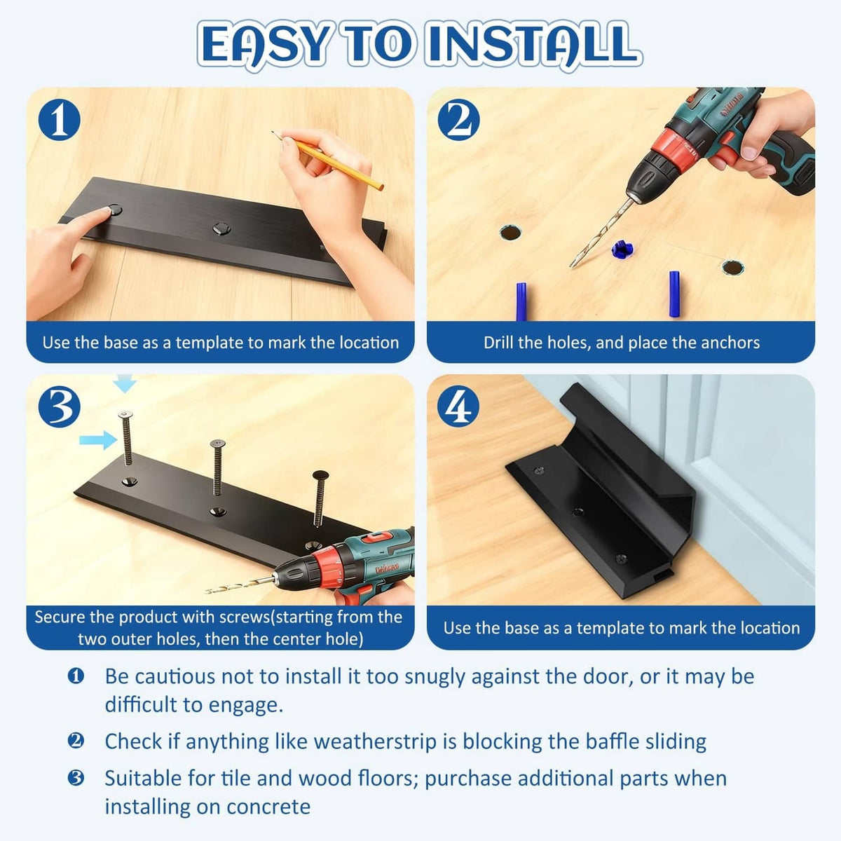 Black door lock barricade brace shown during installation with screw holes on base