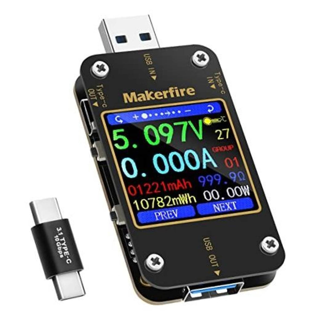 Black USB multimeter with bright blue LCD showing voltage and current readings