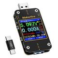 Black USB multimeter with bright blue LCD showing voltage and current readings