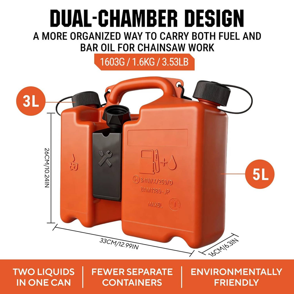 BAITEMEN dual-chamber fuel and bar oil can, orange, side view with two black filler caps