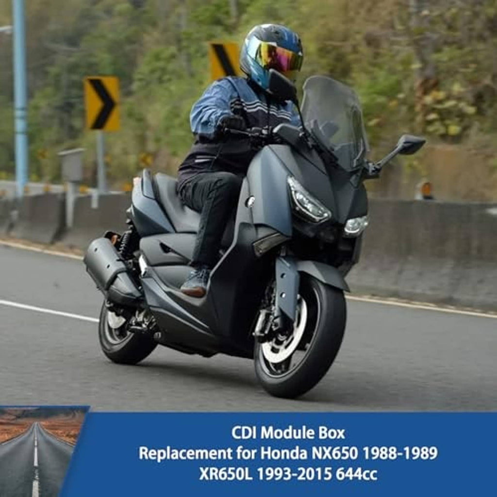 CDI module box replacement text over motorcycle on road