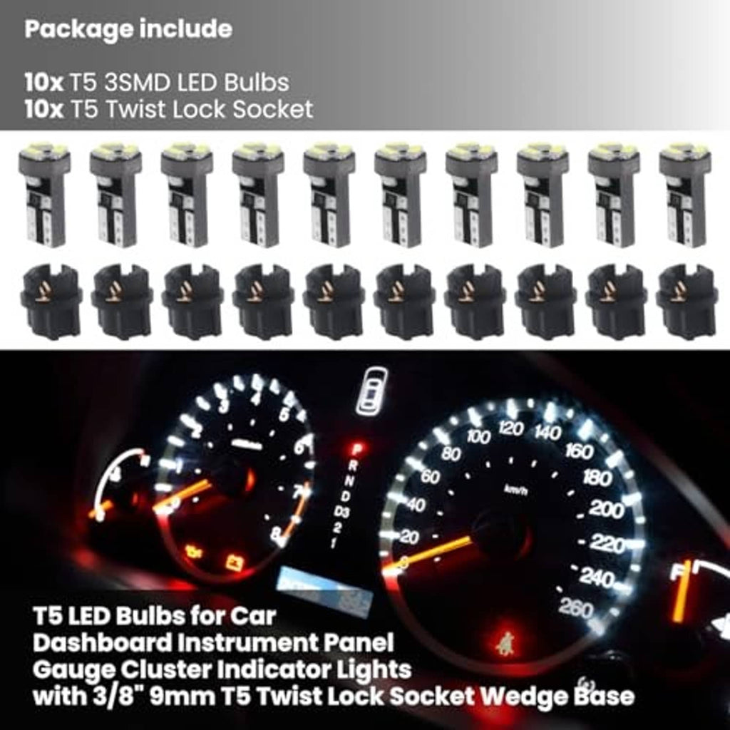 Set of 10 T5 SMD LED bulbs with twist-lock sockets; blue gauge cluster glow