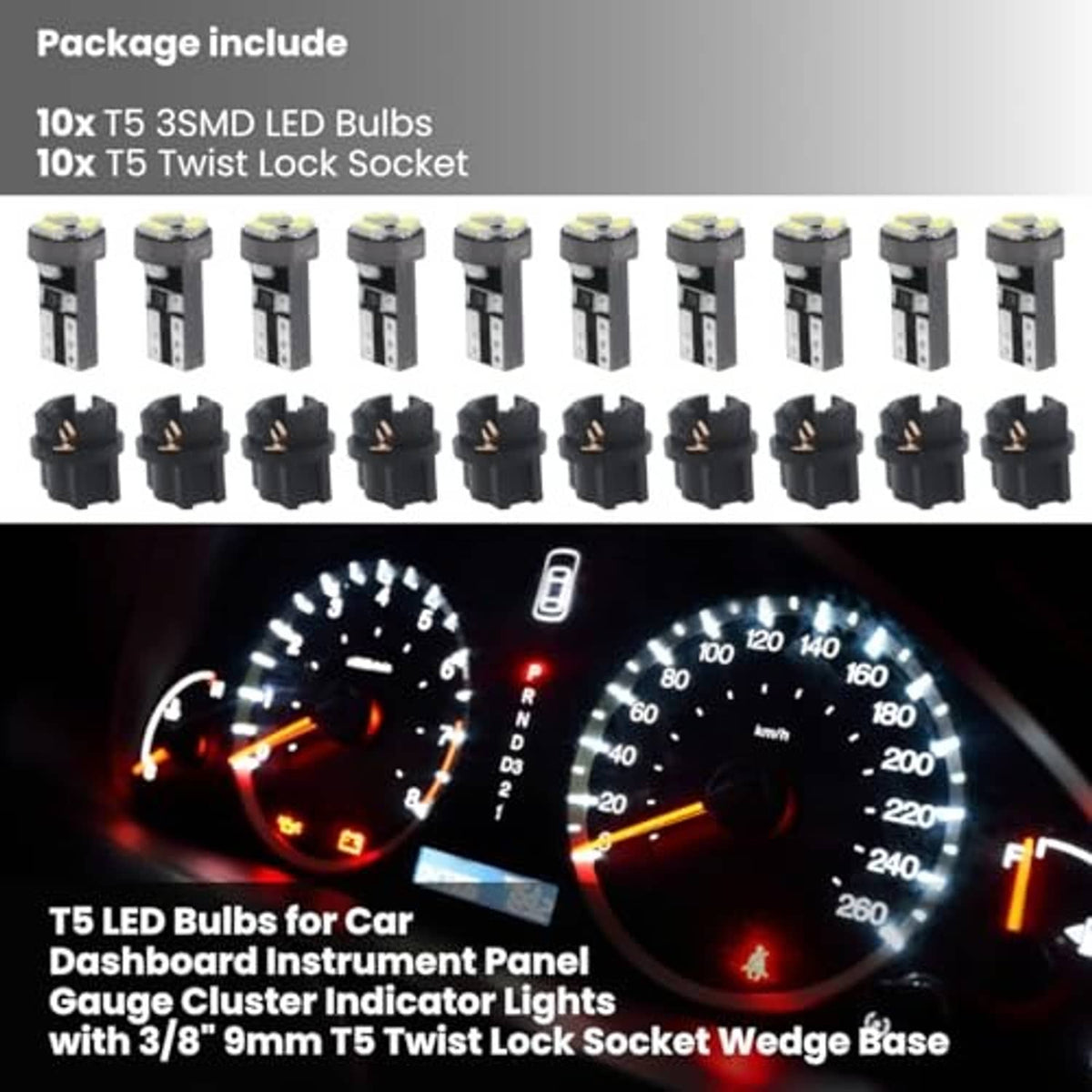 Set of 10 T5 SMD LED bulbs with twist-lock sockets; blue gauge cluster glow