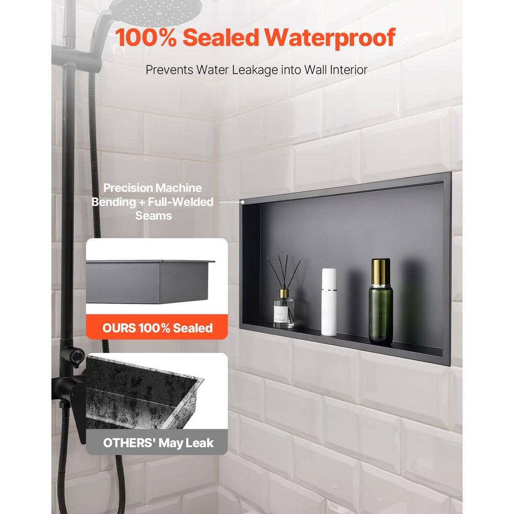 Recessed shower niche wall shelf installed in bathroom wall, dark stainless steel tray