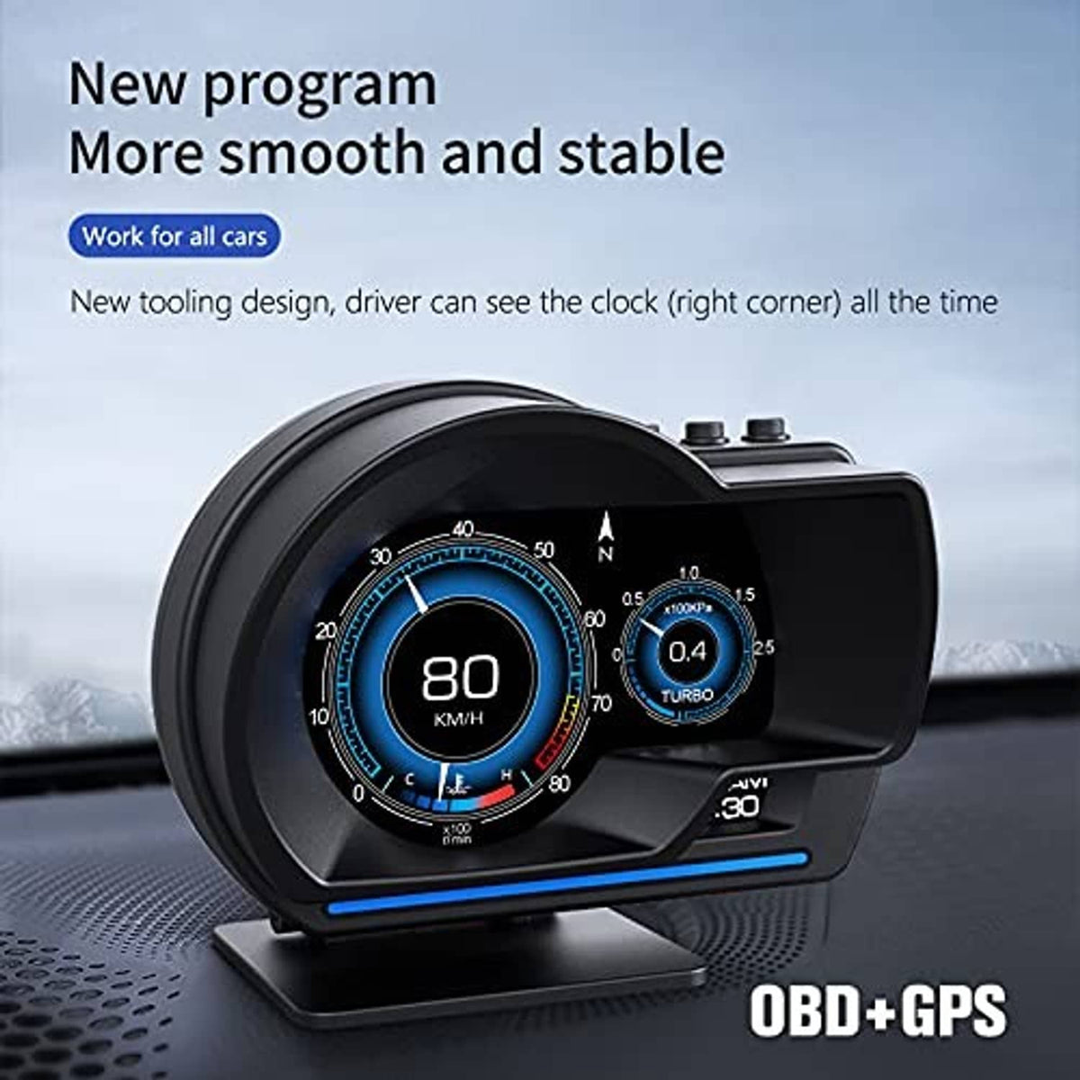 Black OBD+GPS HUD gauge with blue-ring speed dial, turbo gauge, and clock-style corner display
