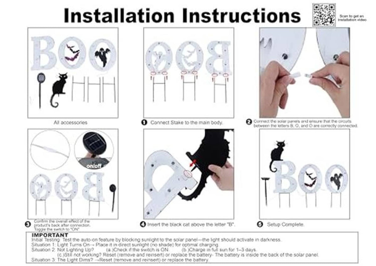 Installation instructions sheet for lighted outdoor solar yard signs with BOO graphics