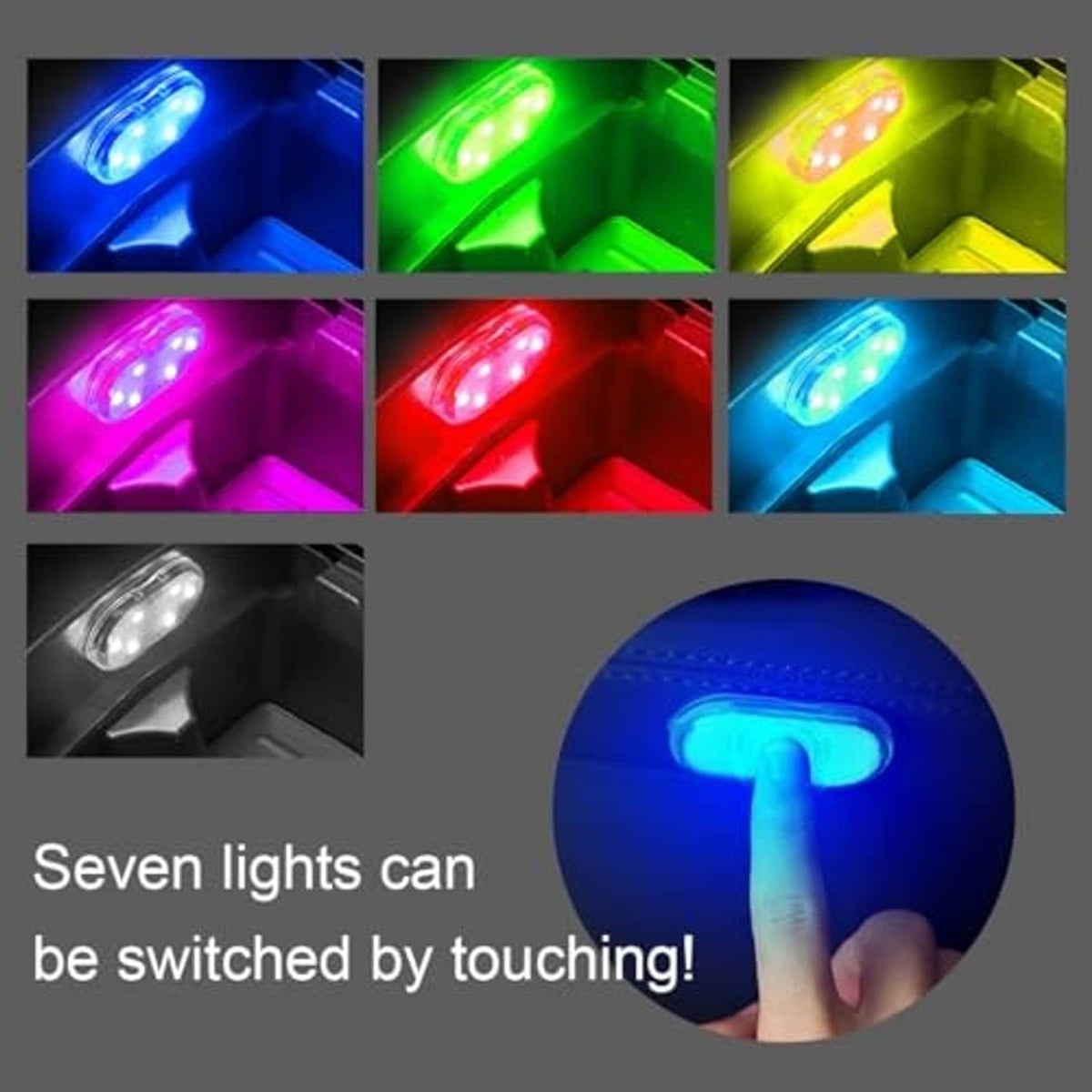 Wireless car ambient LED lights showing multiple colors: blue, green, purple, red, and yellow.