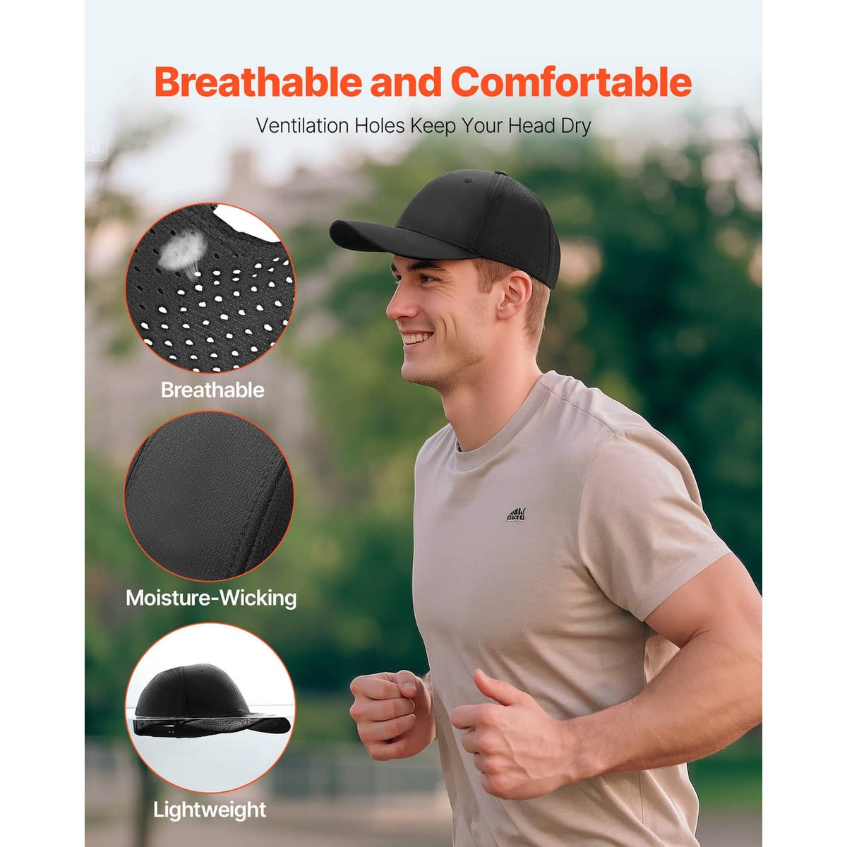 Black baseball cap worn by model, curved brim and perforated side panels