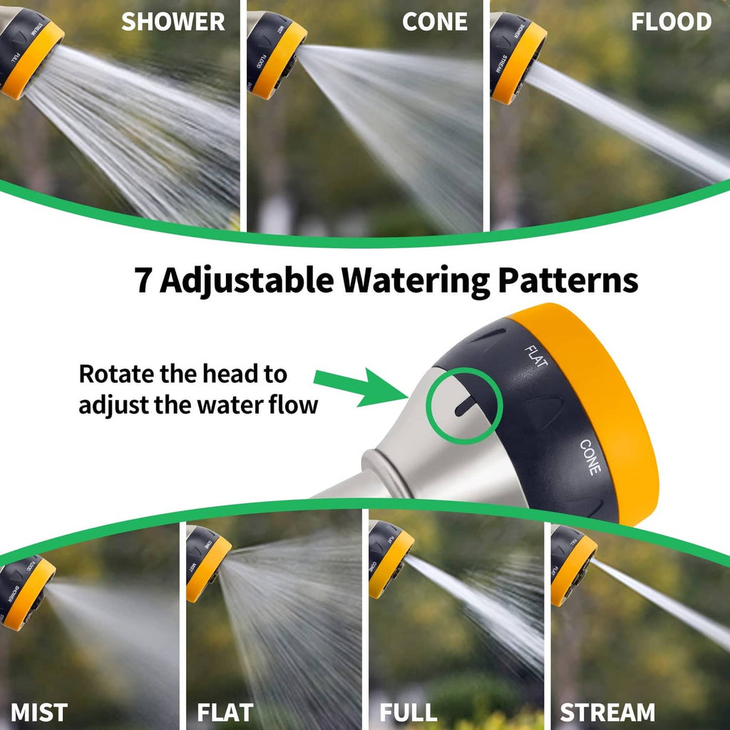 Silver high-pressure garden sprayer head with yellow dial, water pattern options shown