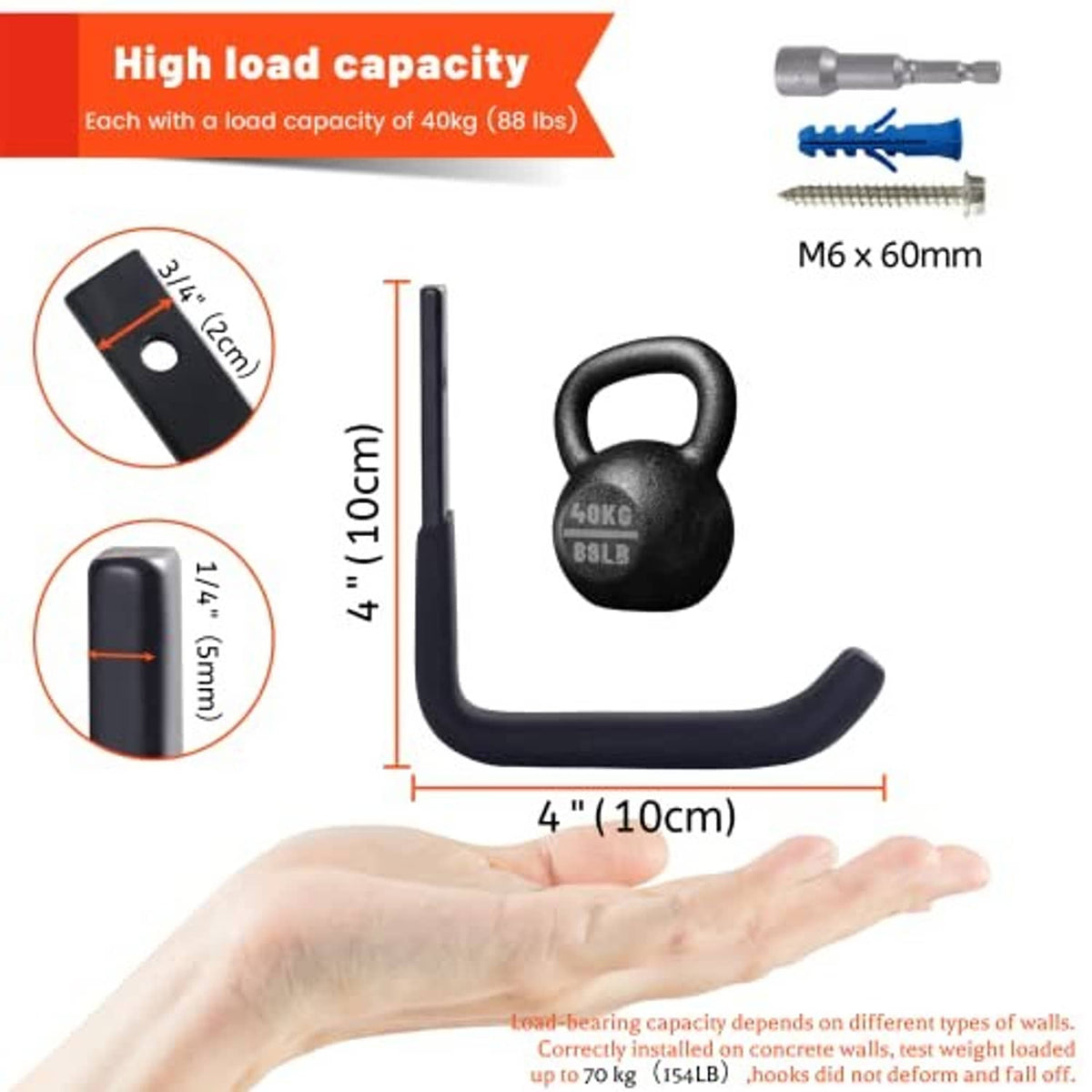 Black J-style steel hook with mounting hole and size/load illustration, includes hardware shown