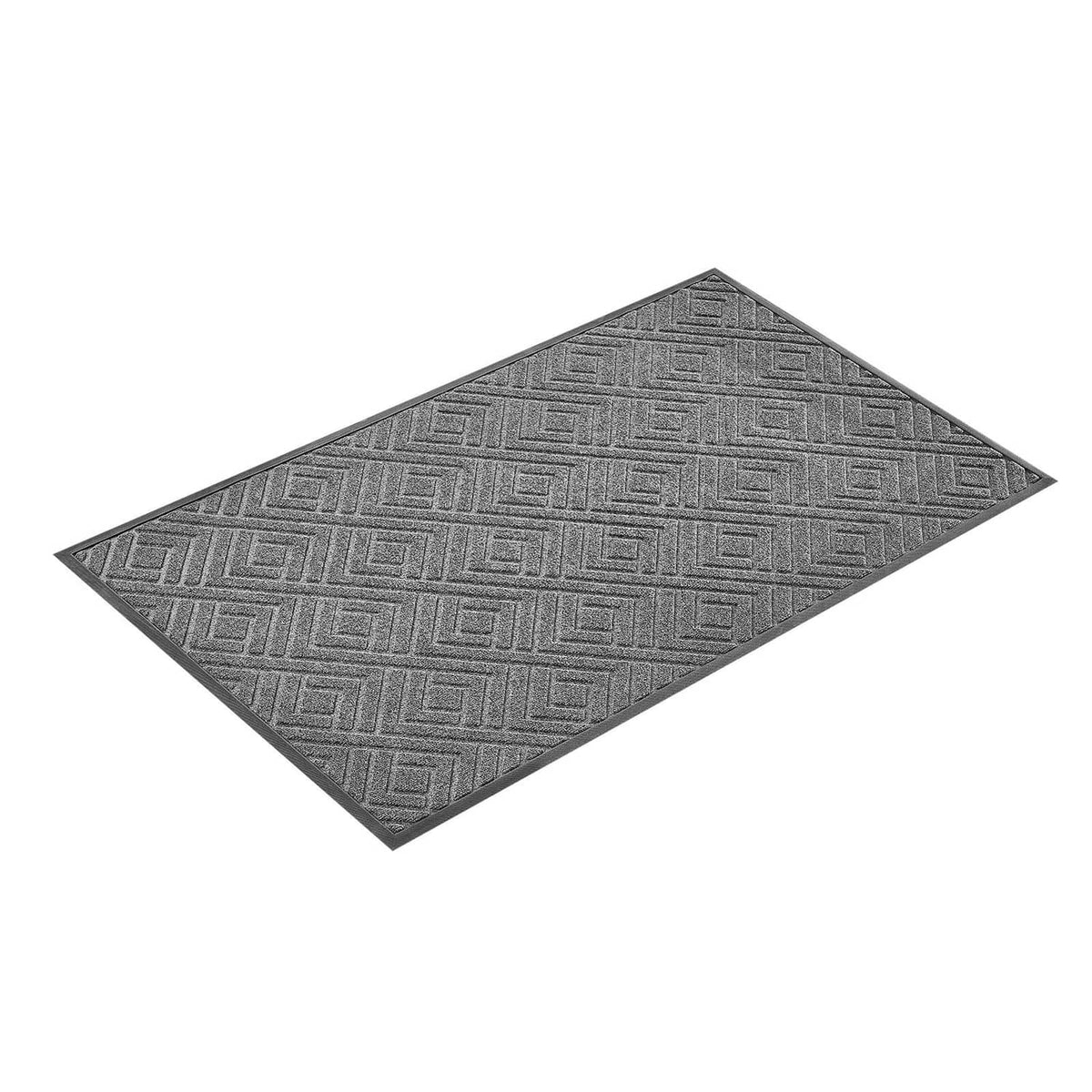 Grey front door mat with geometric textured pattern, low-profile for everyday use.