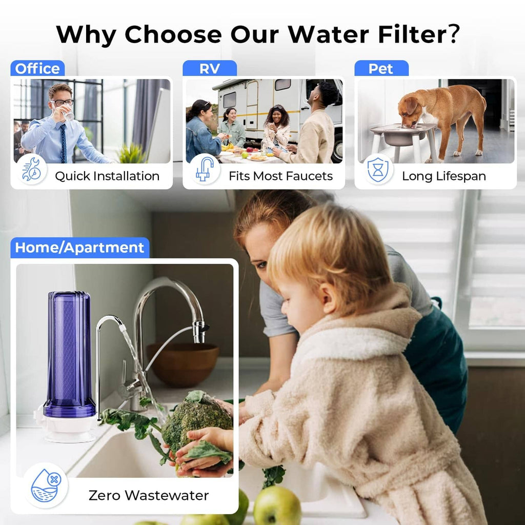 Countertop water filter with purple canister and chrome faucet, shown with household icons