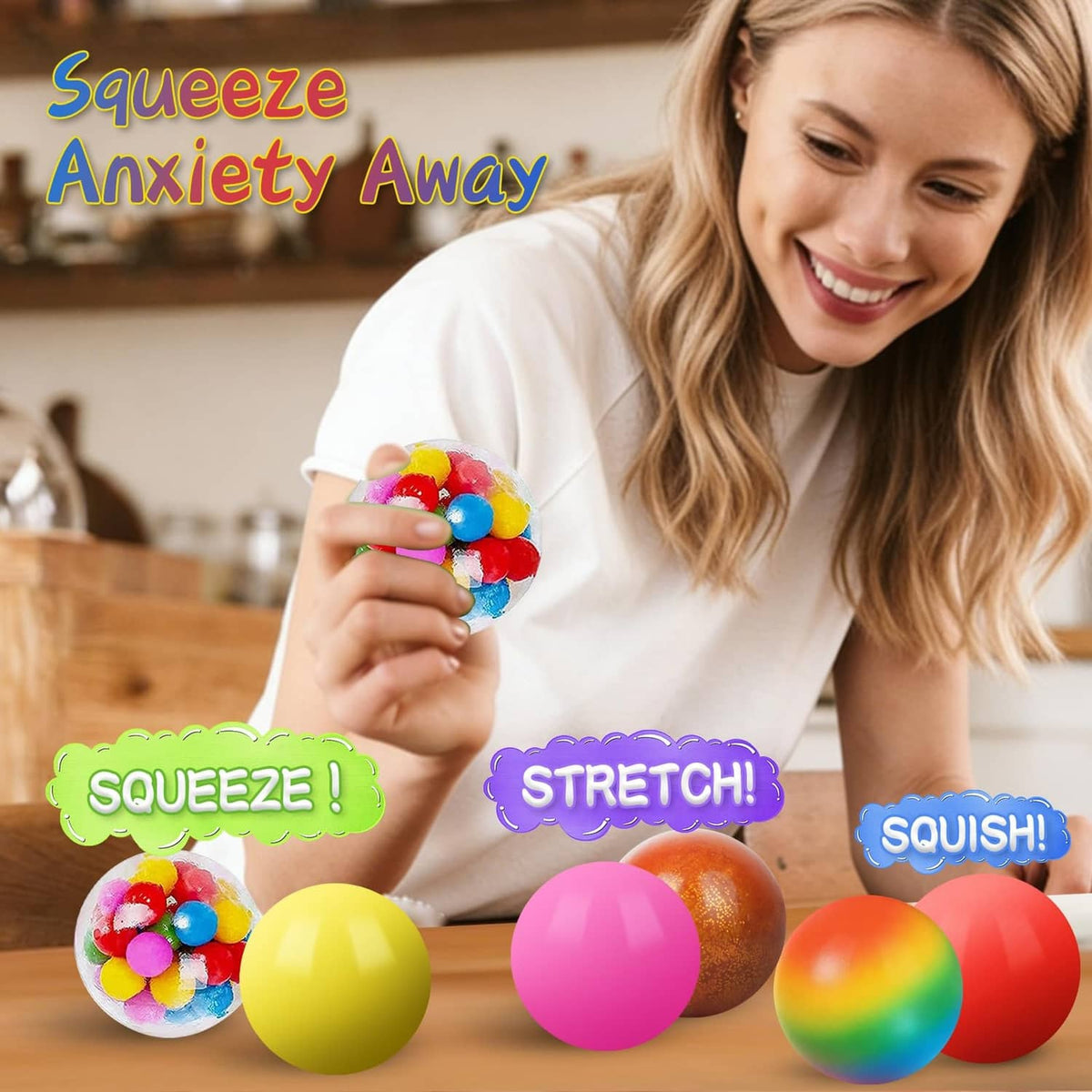 Mixed-color round squishy stress balls, held in hand for sensory squeeze play