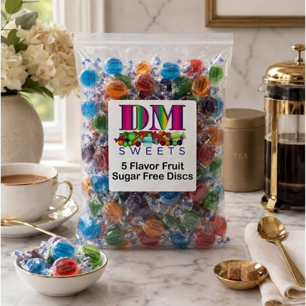 DM Sweets sugar-free fruit discs bag, 5 flavor variety, clear wrapped candies