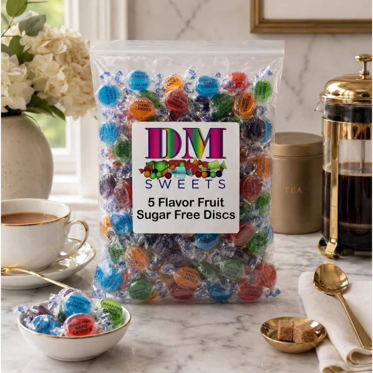 DM Sweets sugar-free fruit discs bag, 5 flavor variety, clear wrapped candies