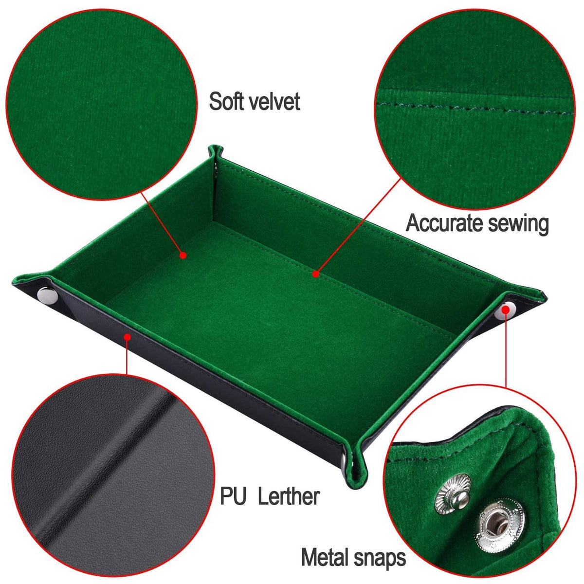 Green velvet-lined dice tray with accurate stitching, PU leather edges, and metal snaps