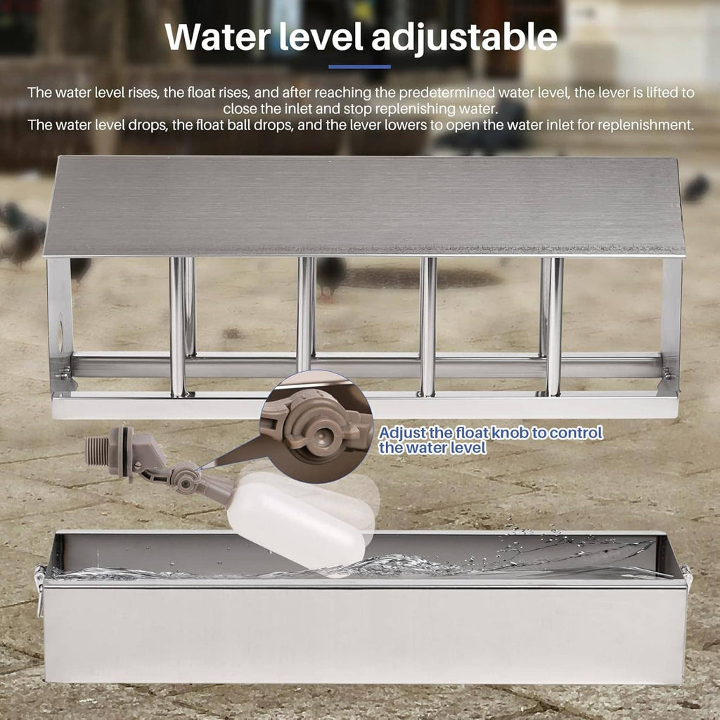 Stainless chicken waterer with adjustable float control and water tank base