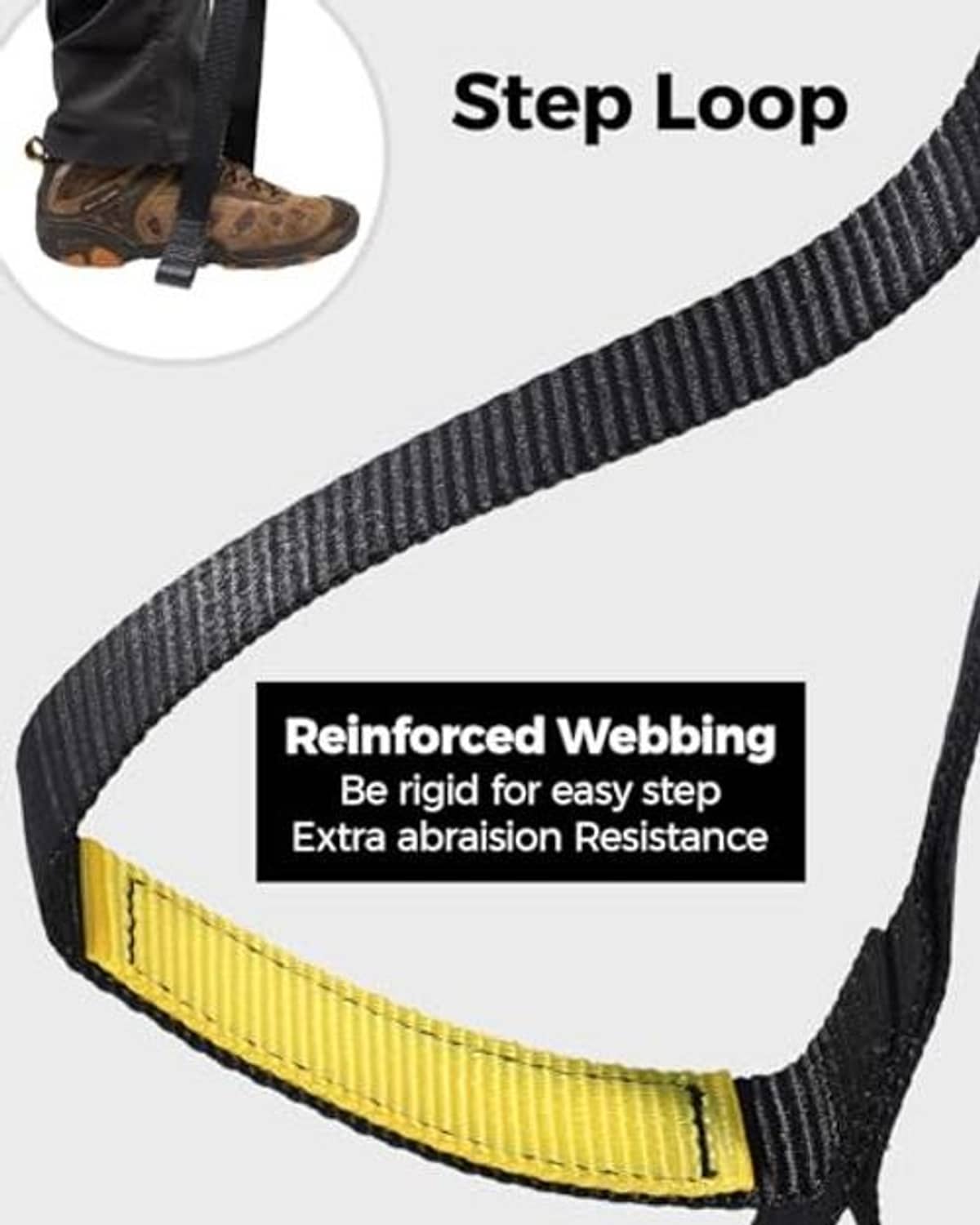 Close-up of reinforced yellow step loop on black strap webbing