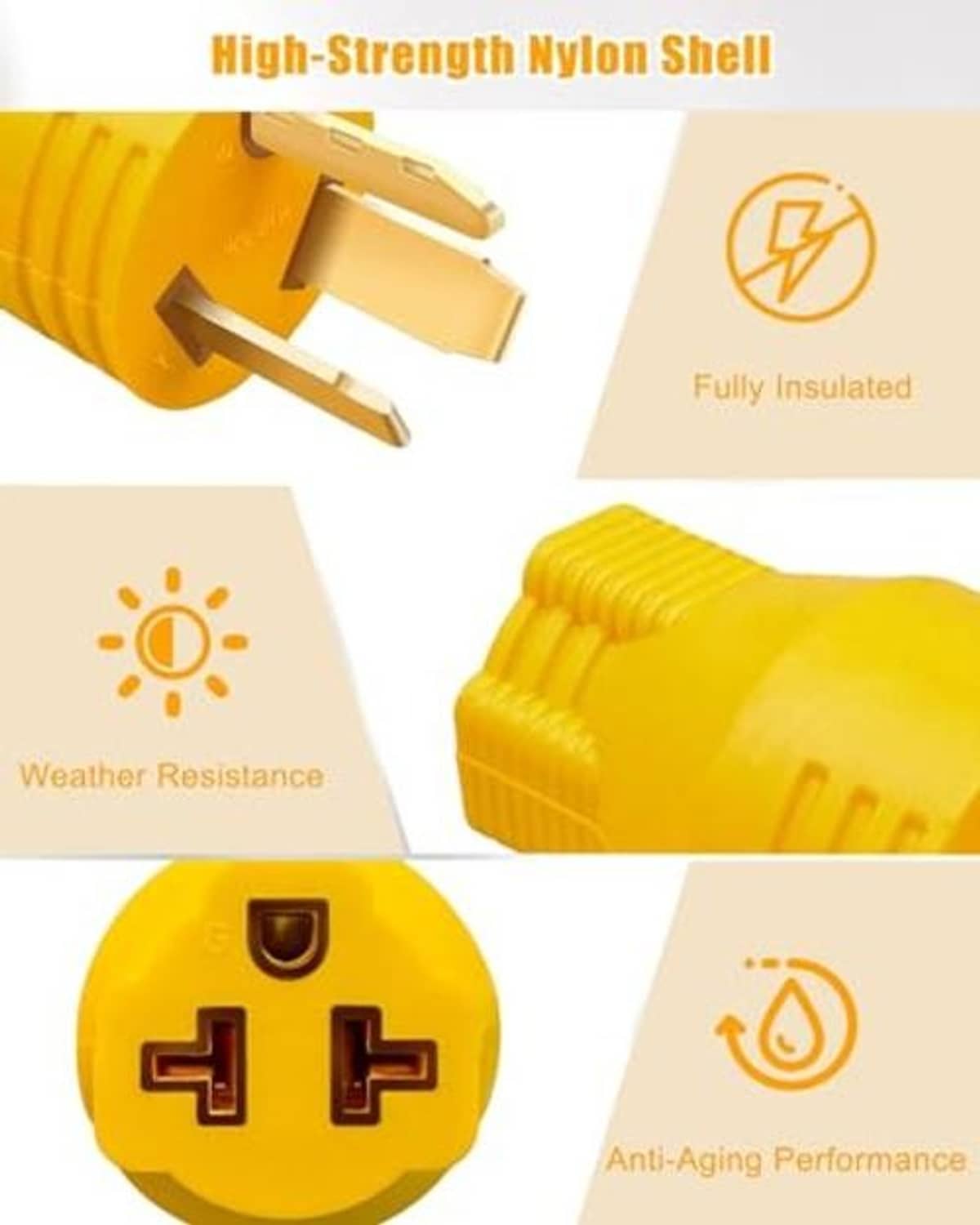 Yellow insulated EV adapter plug with nylon shell and two flat prongs