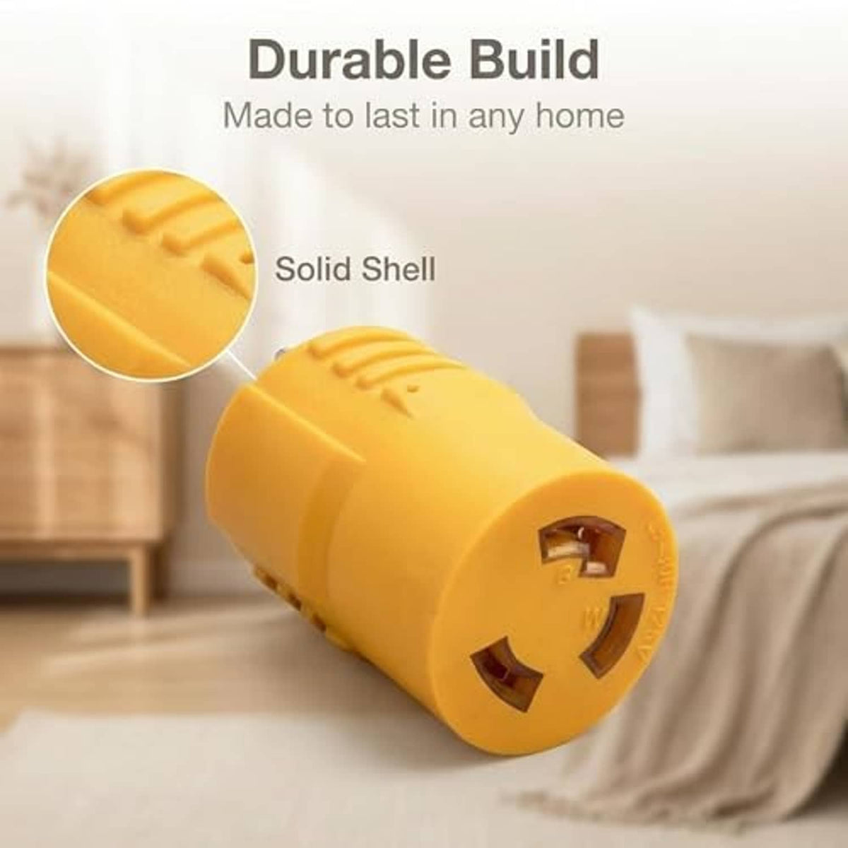 Yellow generator adapter with solid shell and twist-lock connector, close-up
