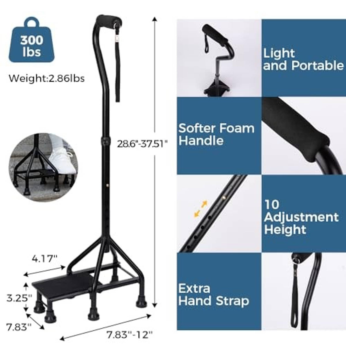 Black portable adjustable cane with foam handle strap, height markings, and four-foot base