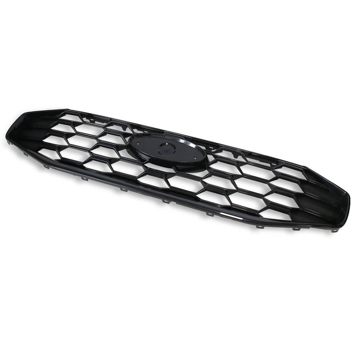 Black grille insert angled view, showing hex mesh and central emblem opening