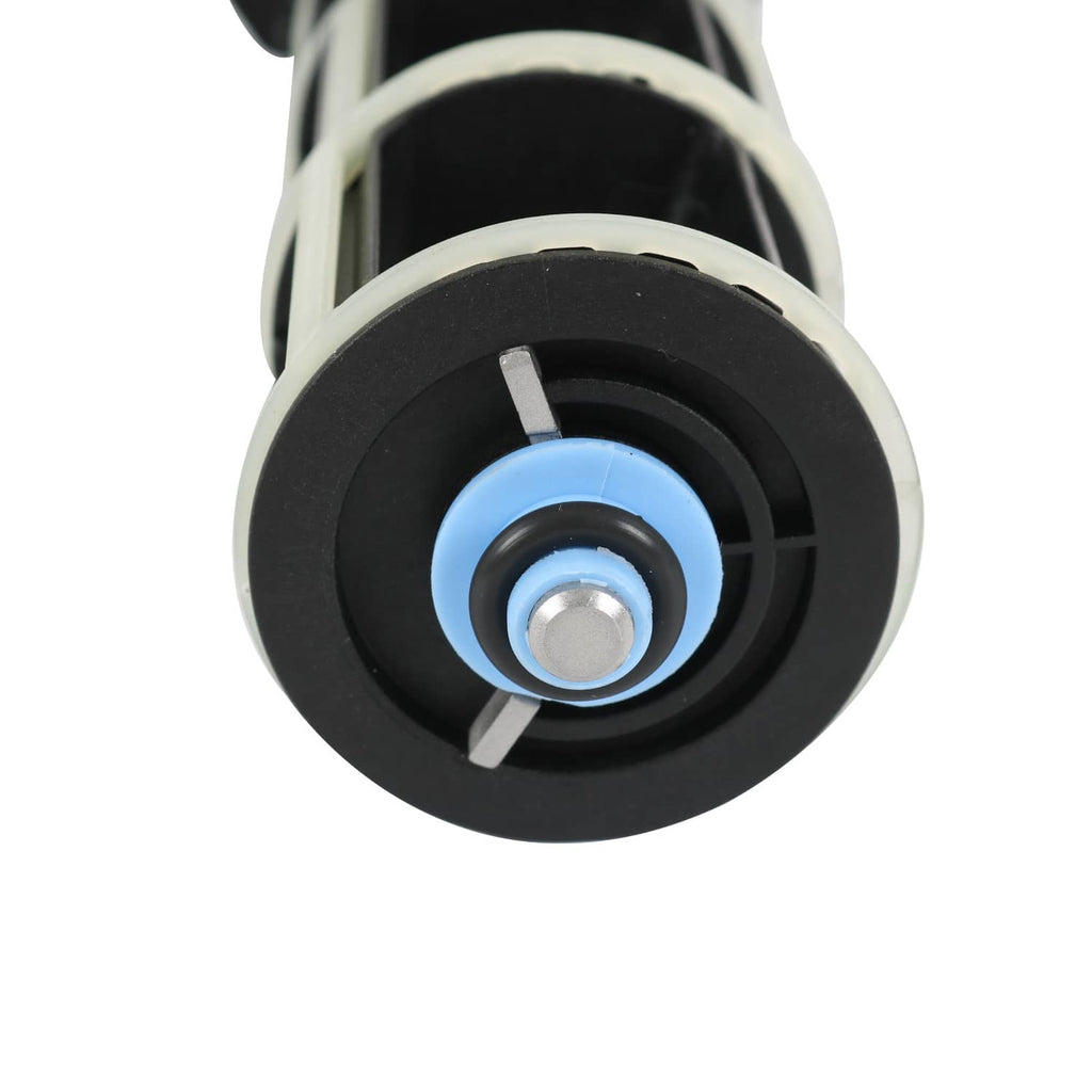 Close-up of rotary valve end with black wheel, blue ring, and metal center pin