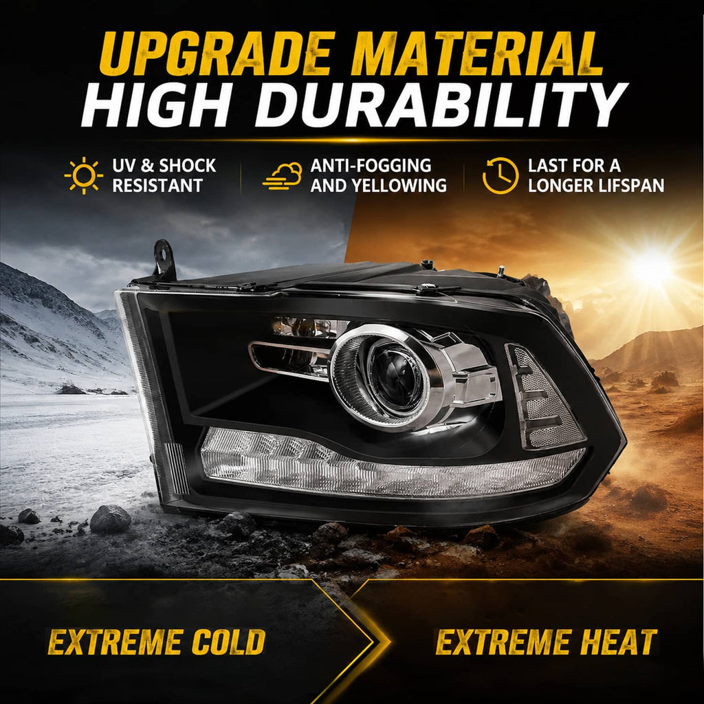 Black projector headlight with chrome projector lens and amber lighting accents