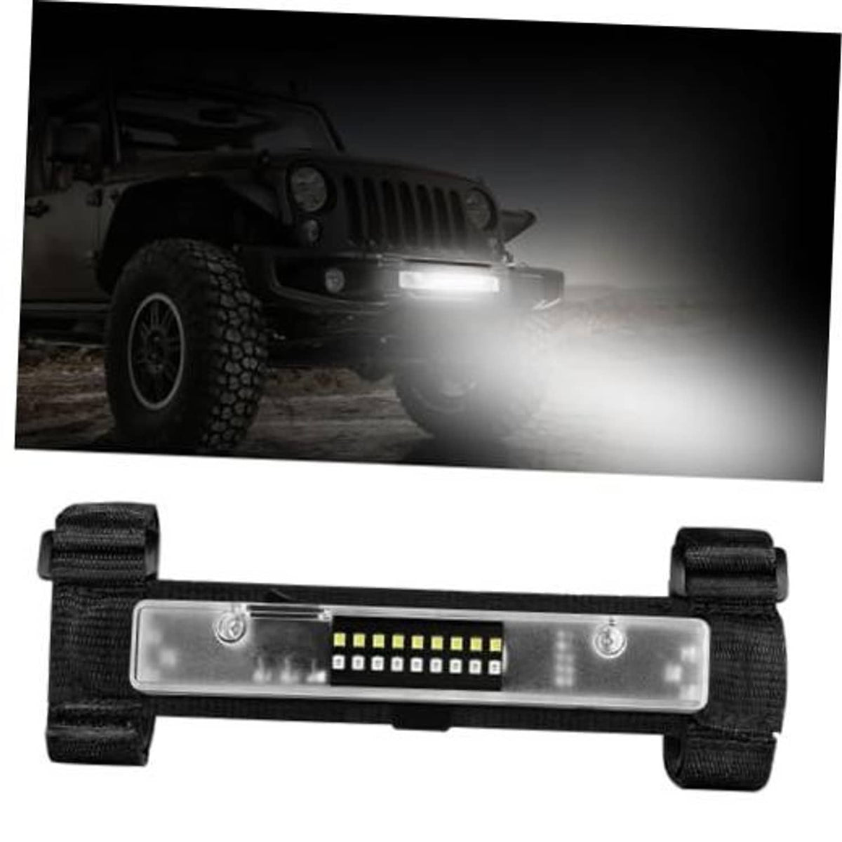 Universal LED light bar with clear lens and black nylon strap mount, switched on