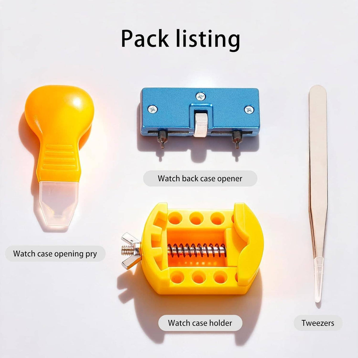 Watch case opening pry tool kit with holder, screws, and metal tweezers