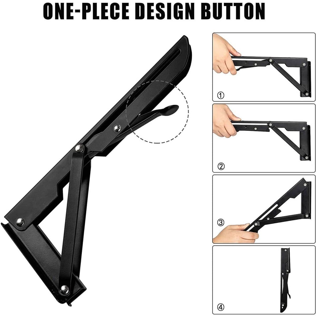 Black one-piece folding shelf bracket with press-release button and metal support arms