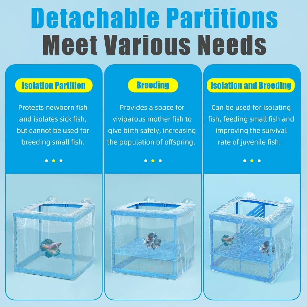 Blue mesh aquarium breeder with removable partition sections