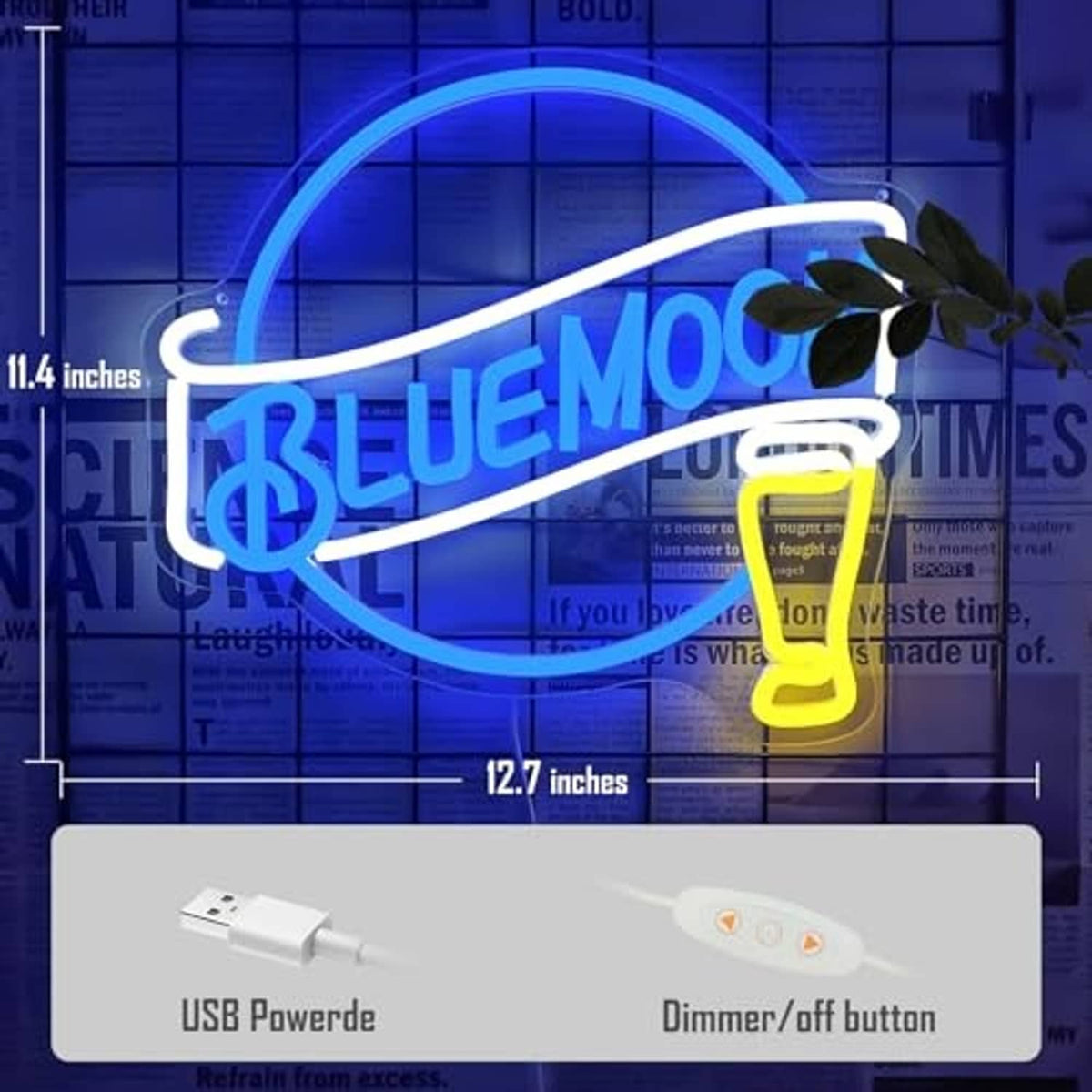 Dimmable neon wall sign with blue moon ring, BLUEMO text, yellow beer mug; dimmer control